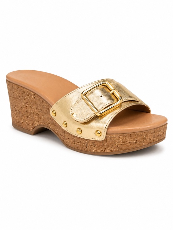 Time and Tru Shoes - Time and Tru Metallic Gold Wedge Sandals NWT Size 11 Memory Foam Buckle